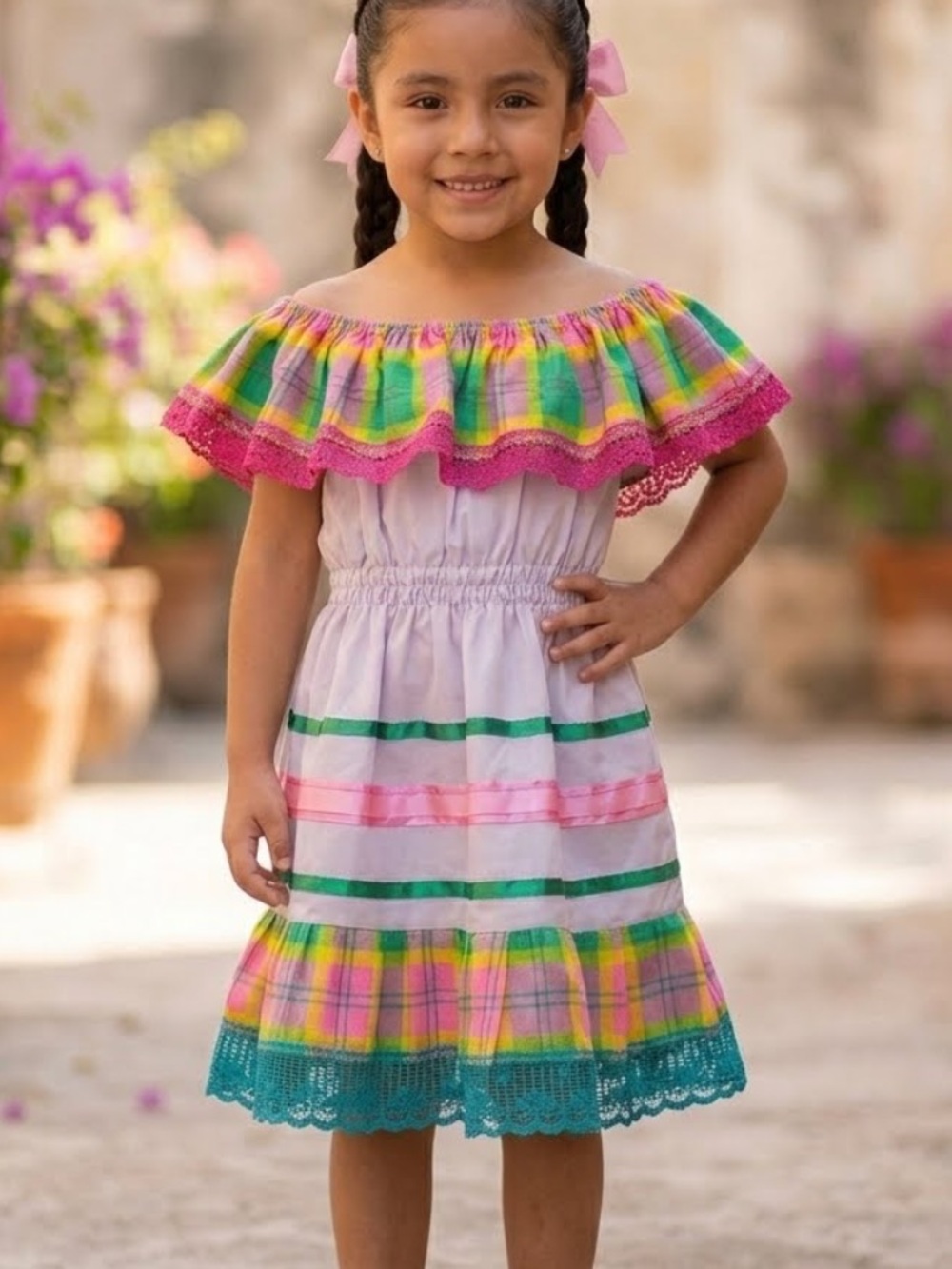 Mexican Handmade Little Girl Dress Fiesta Festival Lace Ethnic Colorful Size 4T